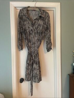 Melissa Masse Black and White Printed Midi Shirt Dress